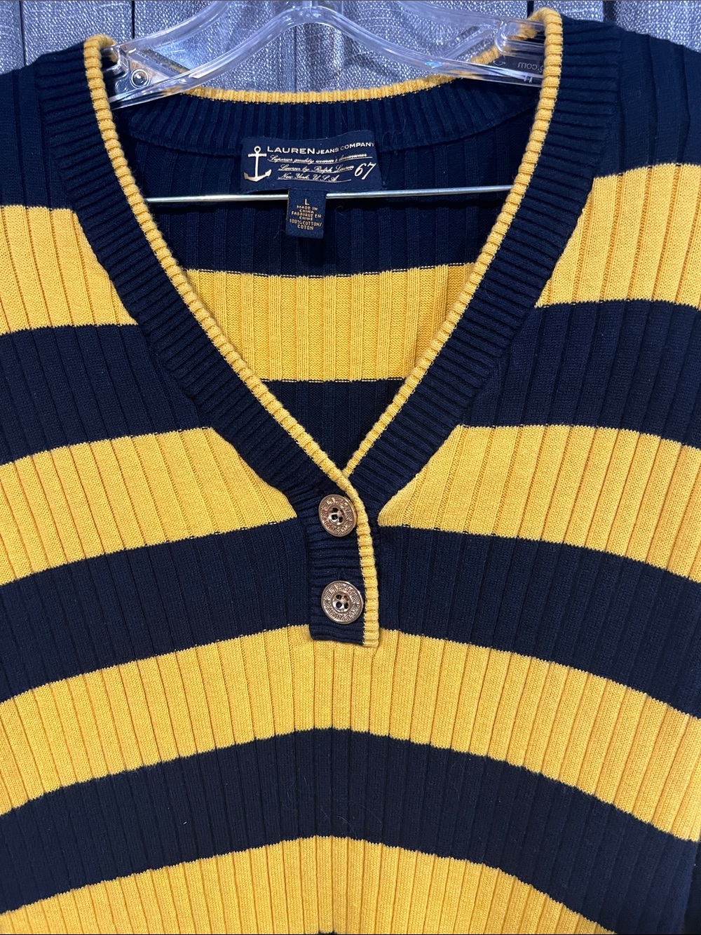 Lauren Jeans Company Ralph Lauren Navy Yellow Striped Nautical Cotton Sweater L